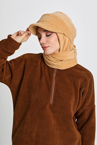 Aisha's Design Women's Fleece with Removable Visor, Scarf Winter Turban, B-84Pl, Camel Hair