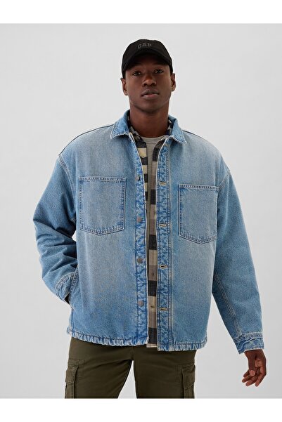 GAP Erkek Mavi Relaxed Denim Sherpa-Astarlı Gömlek Ceket