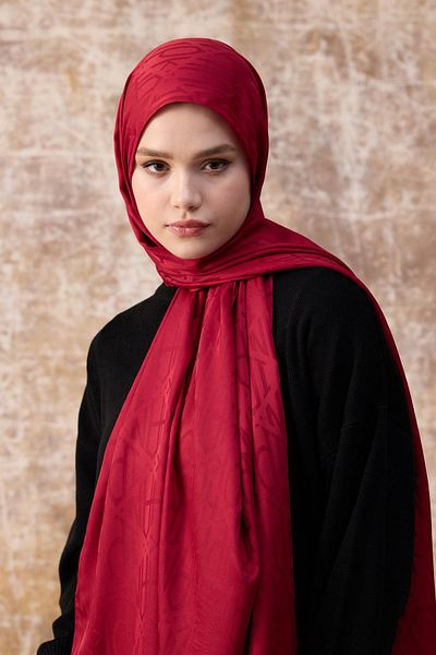 İpekhan Fall Winter Silky Jacquard Shawl Burgundy 9020-07