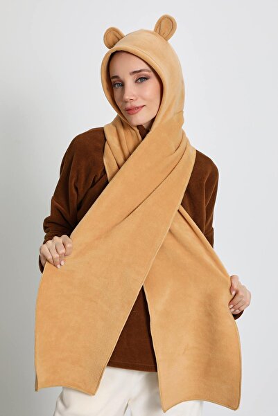 Aisha's Design Women's Hooded Fleece Beanie, Scarf, Neck Warmer Shawl, Winter Earflap Hat, B-83Pl, Camel Hair
