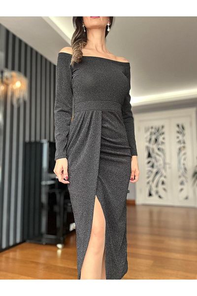 Atelier Derin Rochie neagră strălucitoare cu umăr dezactivat