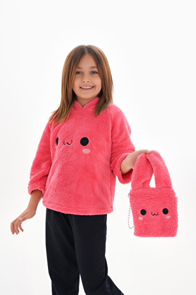 ROBA KIDS Girls' Plush Hooded Embroidered Sweat Sweatshirt with Bag - Rb-703