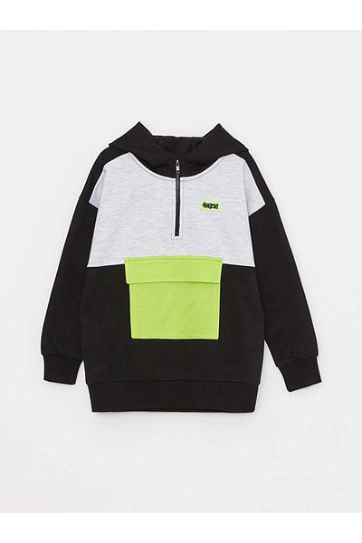 LC Waikiki Lcw Kids Black Hooded Color-Blocking Long Sleeve Boy Sweatshirt