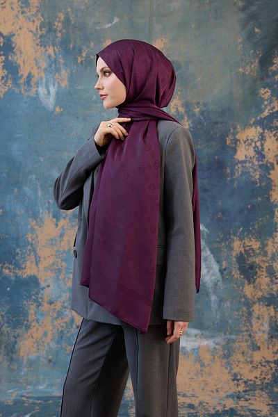 İpekhan Fall Winter Silky Jacquard Shawl Plum 9018-11