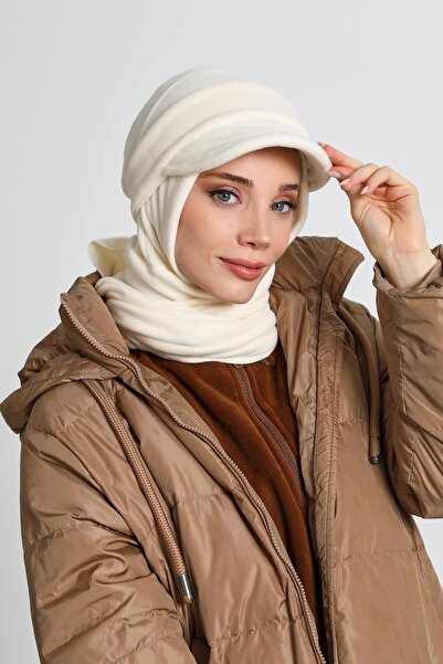 Aisha's Design Women's Fleece with Removable Visor, Scarf Winter Turban, B-84Pl, Ecru