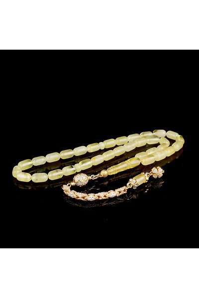 Tesbihsepetim Yellow Color Zircon Stone Silver Tassel Capsule Cut Drop Amber Rosary