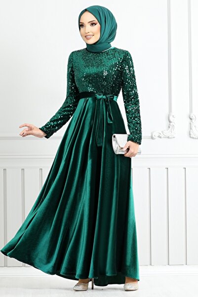 ModaMerve Emerald Sequined Velvet Evening Dress - 2015Efy931-M