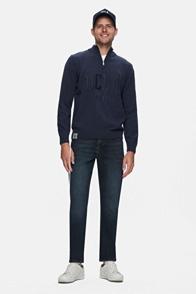 UCLA Ανδρικό πλεκτό Arthur Navy Blue με μισό φερμουάρ και κέντημα με κανονική εφαρμογή