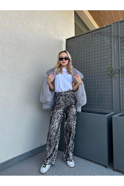 ky butikkk Kadın Pullu Pantolon Gümüş