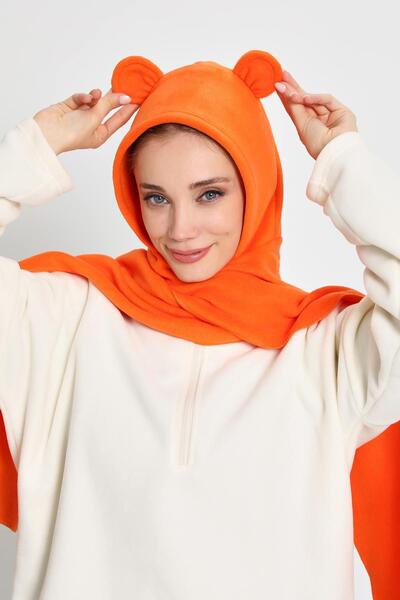 Aisha's Design Women's Hooded Fleece Beanie, Scarf, Neck Warmer Shawl, Winter Hat with Ears, B-83Pl, Orange