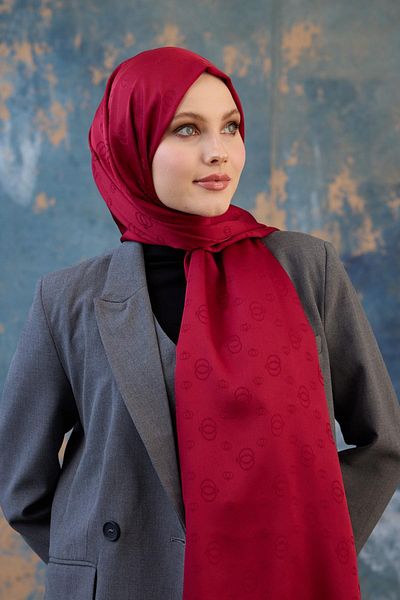 İpekhan Fall Winter Silky Jacquard Shawl Burgundy 9018-07