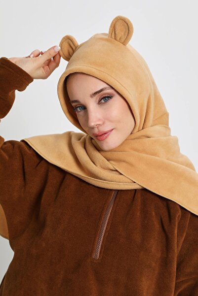 Aisha's Design Women's Hooded Fleece Beanie, Scarf, Neck Warmer Shawl, Winter Earflap Hat, B-83Pl, Camel Hair