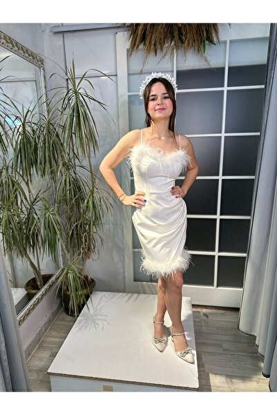 Abiye's STRAPLEZ MİDİ SATEN NİŞAN SÖZ İSTEME EVDEN ÇIKMA BEKARLIĞA VEDA BEYAZ NİKAH ELBİSESİ  IŞILTILI