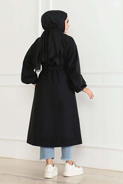 SGS Μαύρο παλτό με καστανόχρωμο χρώμα - διπλό πέτο Σχέδιο γιακά