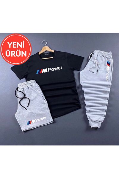 NEW TRENDY COLLECTİON Σετ αθλητικών φόρμες 3 τεμαχίων με λογότυπο οχήματος - σορτς και μπλουζάκι