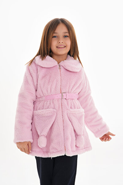 ROBA KIDS Момичешко плюшено палто с качулка, колан и джобове - RB-710