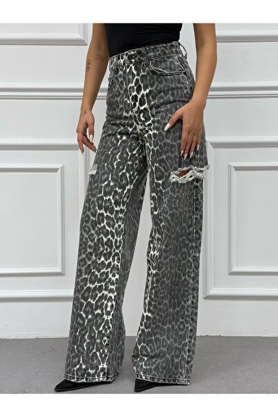 XBELLA DENİM PALAZZO BAGGY LEOPARD ΠΛΕΥΡΑ LASER ΠΕΤΡΑ ΠΛΥΣΙΜΟ ΧΑΚΙ ΤΖΙΝ