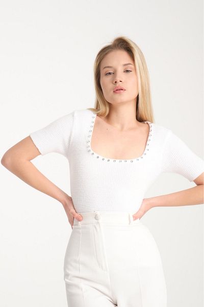 Su Moda Pulover de damă din tricot brodat cu gât în ​​U - mânecă scurtă, angora cu lycra