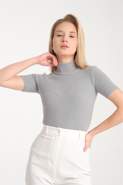 Su Moda Îmbrăcăminte pentru femei Bluză Tricoturi de Anul Nou Pulover Strasuri cu mânecă scurtă Guler vertical Pulover Angora