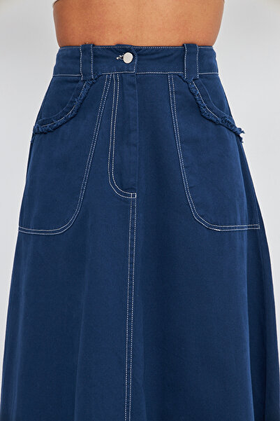 Atölye Güven Navy Blue Tasseled 100% Cotton Special Design Long Bell Skirt