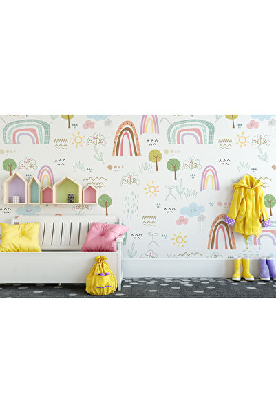 Tasarım Gökkuşağı Minimal Desenli Ağaçlar ve Çizgiler Çocuk Odası Duvar Kağıdı