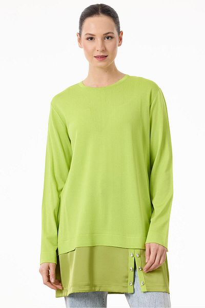 Tığ Triko Neon Yellow 36 Seitan Fabric Detailed Knitwear Tunic