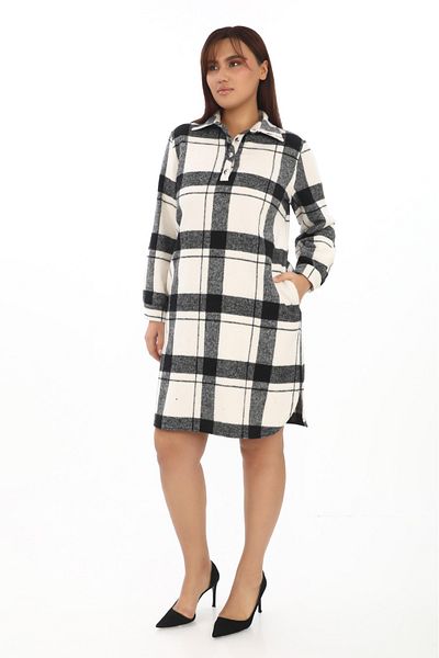 etselements White Long Sleeve Shirt Dress - Lumberjack Fabric with Slits and Pockets 7072
