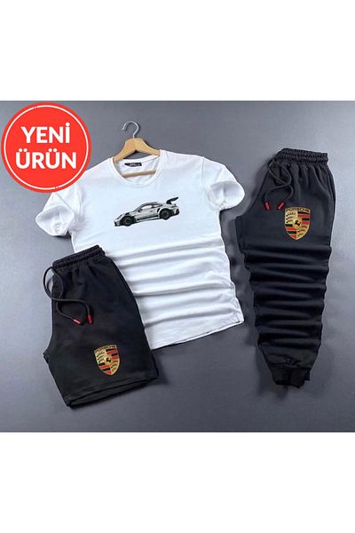 NEW TRENDY COLLECTİON Σετ αθλητικής φόρμας 3 τεμαχίων με λογότυπο οχήματος - Σορτς και THSHORT