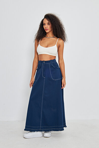 Atölye Güven Navy Blue Tasseled 100% Cotton Special Design Long Bell Skirt