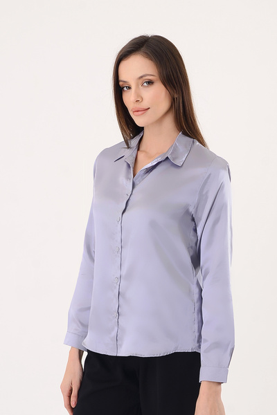 polle Kadın Hafif Dökümlü Gri Saten Gömlek