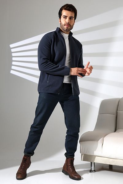 DİVİSTA Men's Navy Blue Colored Zippered Stand Collar Fleece