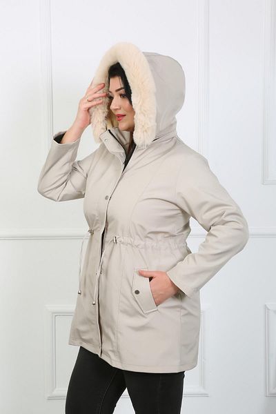 By Alba Collection Women's Stone Color Water Repellent Bondit Fabric Detachable Hooded Plus Size Coat