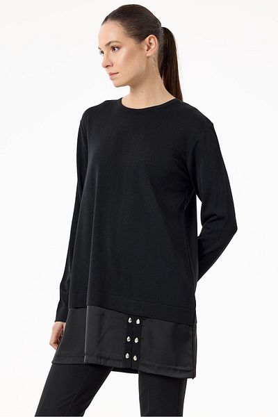 Tığ Triko Satin Fabric Talehli Knitwear Tunic, Black