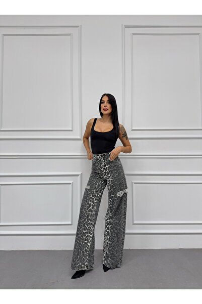 XBELLA DENİM PALAZZO BAGGY LEOPARD ΠΛΕΥΡΑ LASER ΠΕΤΡΑ ΠΛΥΣΙΜΟ ΧΑΚΙ ΤΖΙΝ