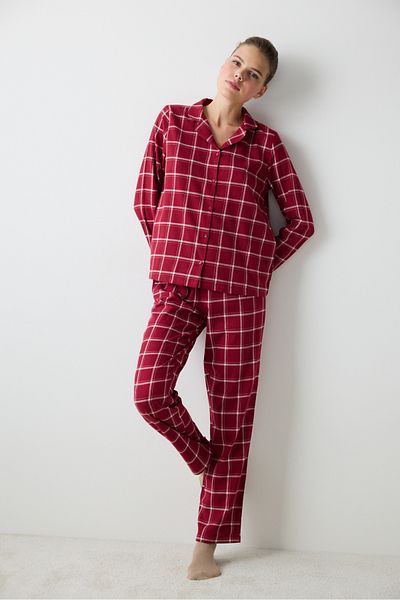 Penti Aria Checked Rotes Hemd-Hosen-Pyjama-Set