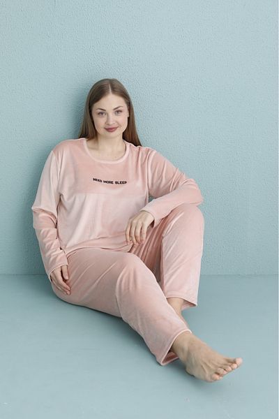 MEBA Women's Velvet Need More Sleep Printed Plus Size Pajamas Set