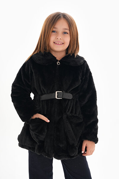 ROBA KIDS Момичешко плюшено палто с качулка, колан и джобове - RB-710