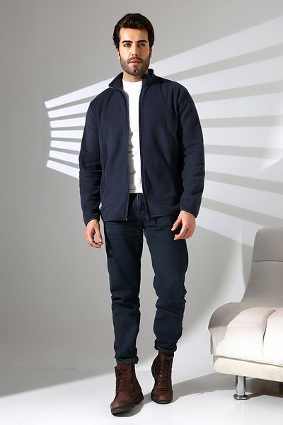 DİVİSTA Men's Navy Blue Colored Zippered Stand Collar Fleece