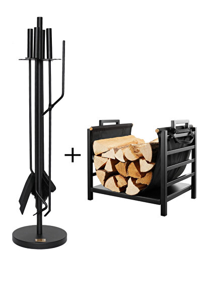 SOMINECO Siyah Yuvarlak Tabanlı Şömine-soba Maşa Takımı Ve Çantalı Metal Odun...