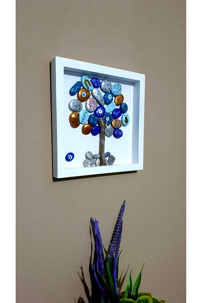 Tekir Cadou de copac de dorințe Design special Ornament de perete Cadru Evil Eye Bead Pictură decorativă din piatră lucrată manual