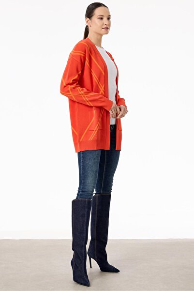 Tığ Triko Cepli Verev Çizgili Rayon Hırka MERCAN ORANJ