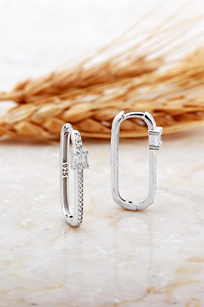 Sümer Telkari Baget Taşlı Dikdörtgen Rodyumlu Gümüş Küpe 7188