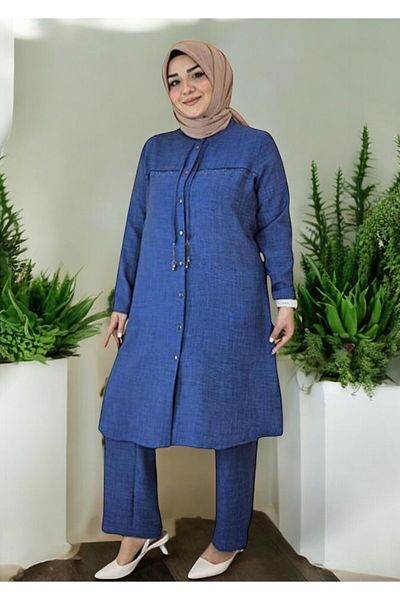 Melff Women's Hijab Linen 2 Piece Set Saks blue