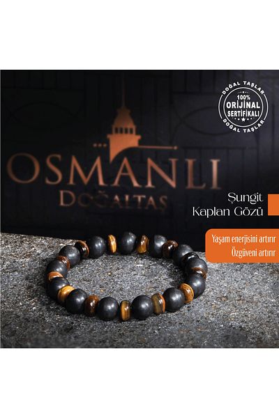 OSMANLI DOĞAL TAŞ Certified Original Shungit Slim Fit Tiger Eye Natural Stone Bracelet