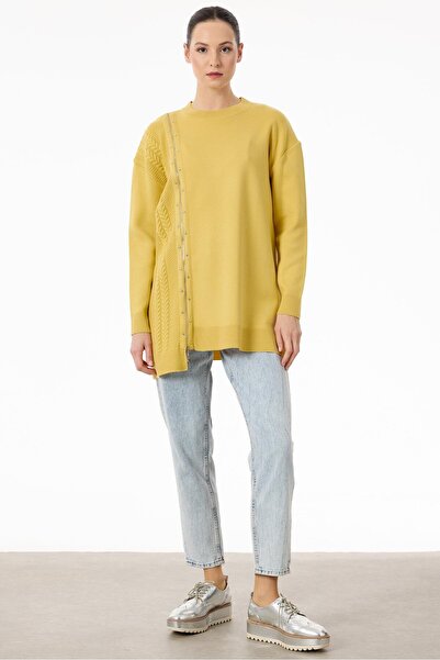 Tığ Triko Fermuar Detaylı Triko Tunik SARI