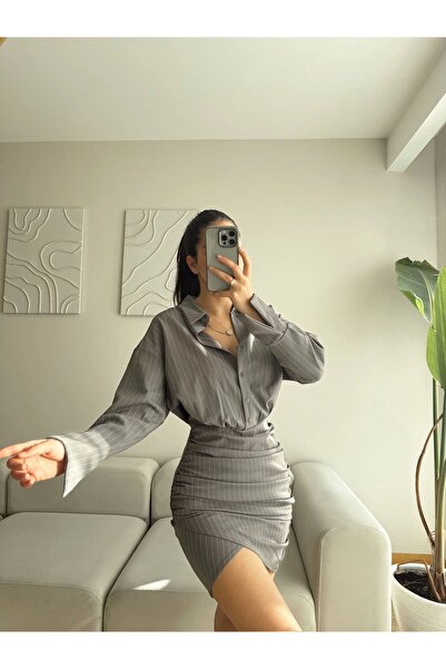 Zoom Butik Double Gömlek Elbise - GRİ