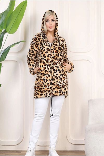 xlargebutik Plus Size Plush Fleece - New Model with Leopard Print, Pockets and Zipper
