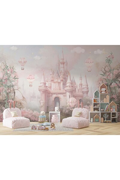 Tasarım Pembe Kale Uçan Balonlar ve Çiçekler Çocuk Odası Duvar Kağıdı