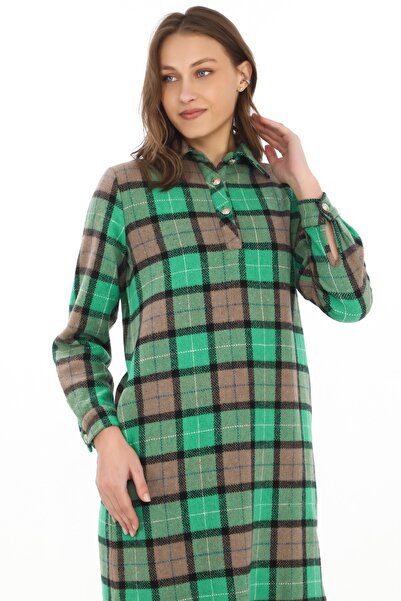 etselements Green Long Sleeve Shirt Dress - Lumberjack Fabric with Pockets and Slits 7072