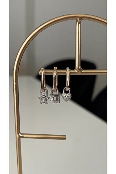 SU PERİSİ TAKI BİJUTERİ İki Renkli Kalp , Yıldız ve Kilitli 3 lü Set Küpe